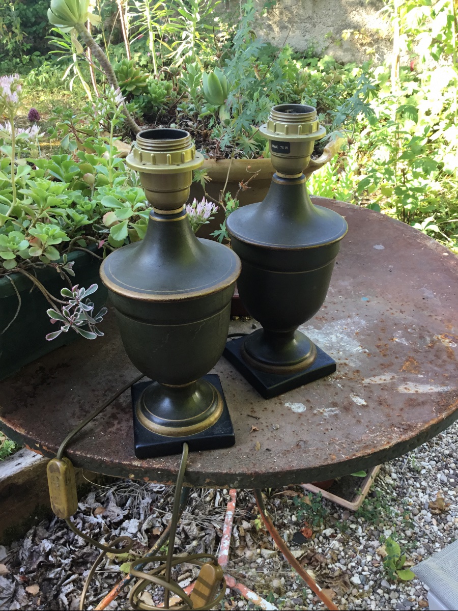 La paire de petites lampes en tôle verte et liseret doré -photo-6