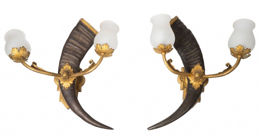Paire de très grandes appliques de chasse en corne et bronze 62 cm -photo-2