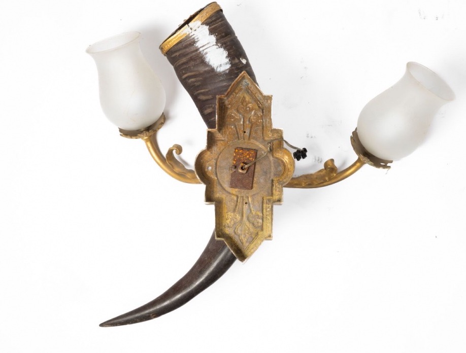 Paire de très grandes appliques de chasse en corne et bronze 62 cm -photo-3