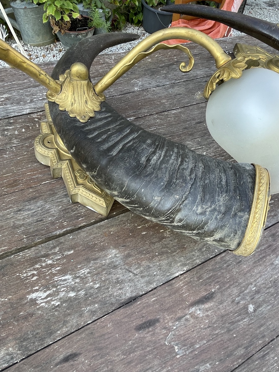 Paire de très grandes appliques de chasse en corne et bronze 62 cm -photo-3