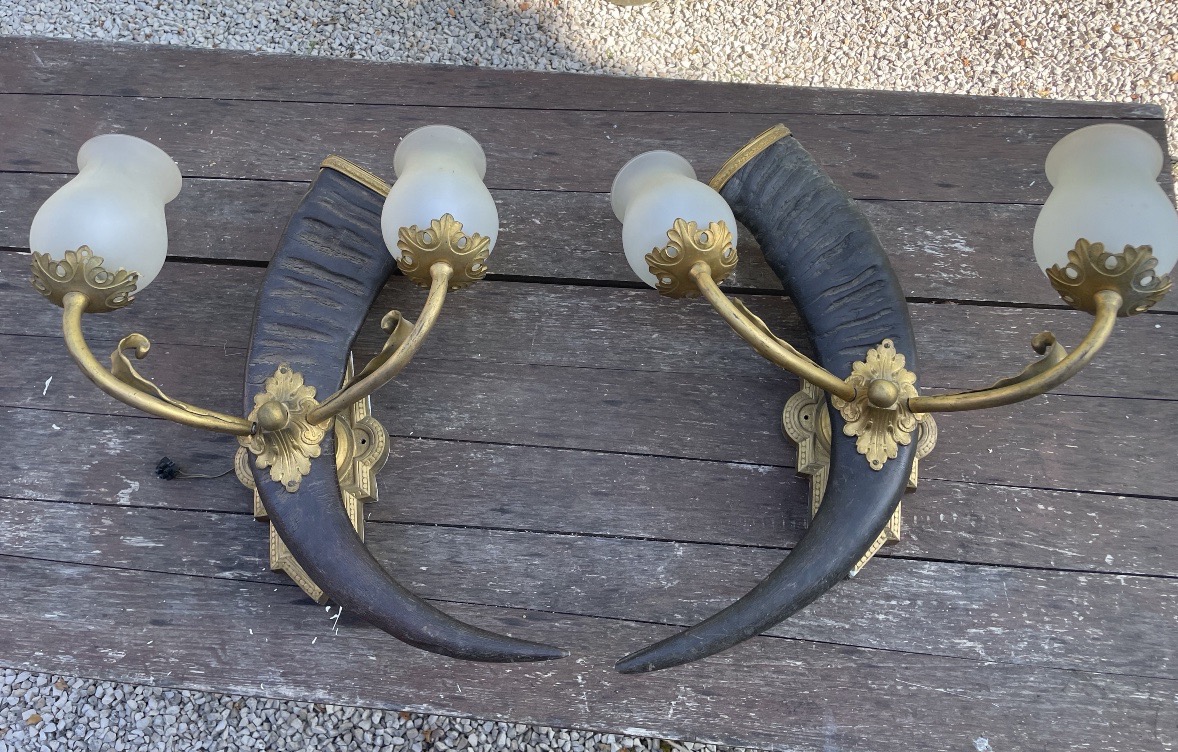 Paire de très grandes appliques de chasse en corne et bronze 62 cm 