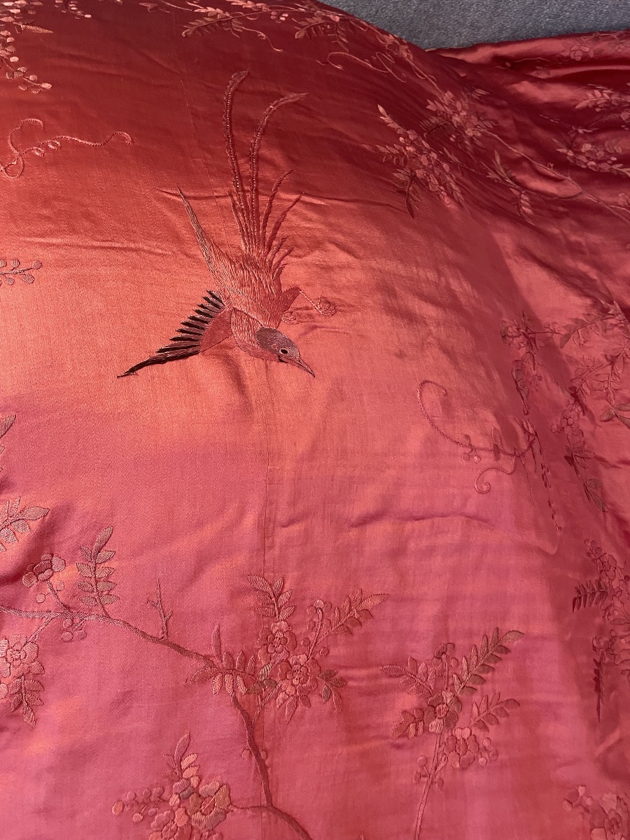 Silk Bedspread Embroidered With Raspberry-colored Birds, 140 Size, China, Late 19th Century-photo-6