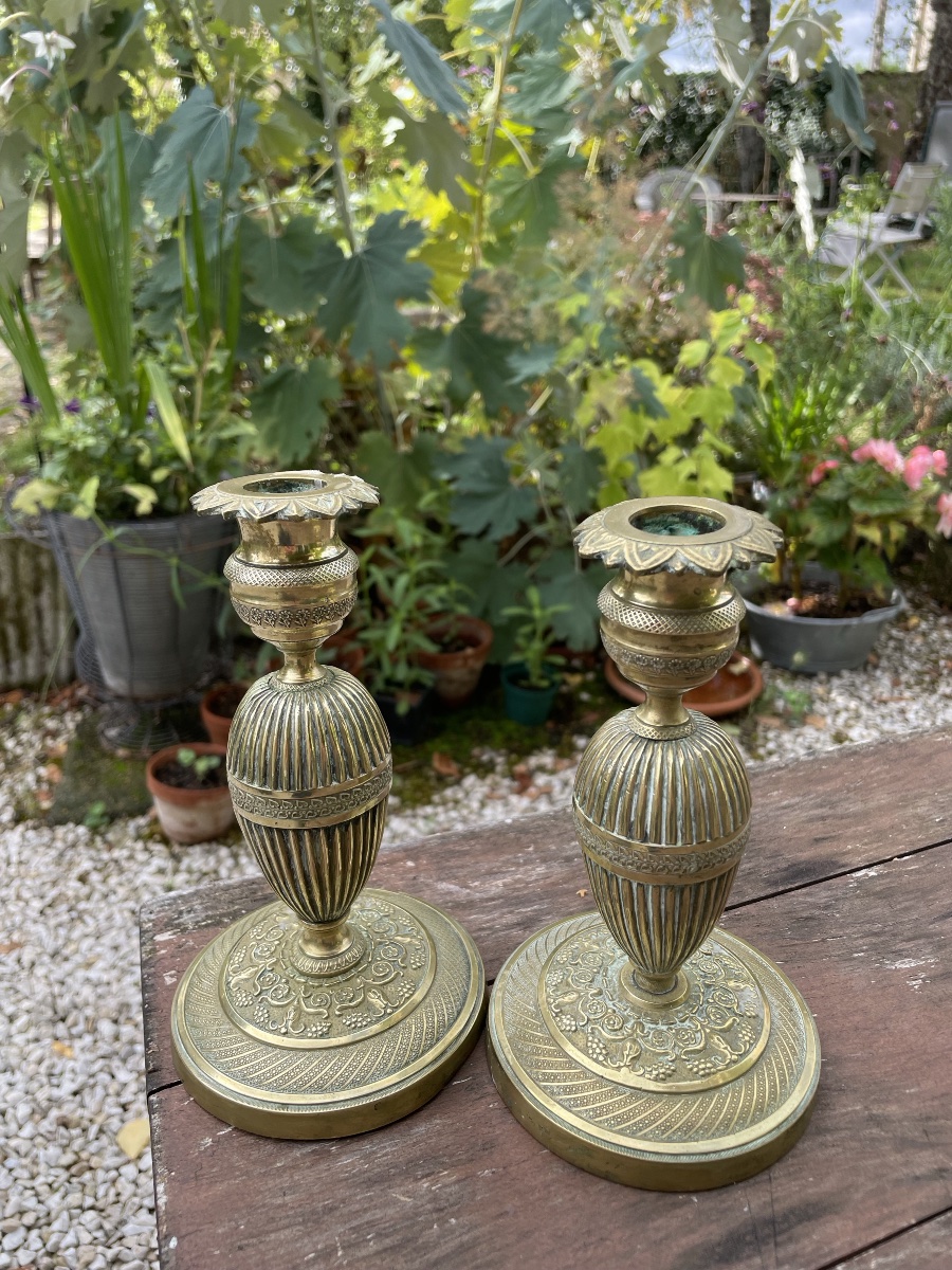 PAIRE DE FLAMBEAUX de toilette  EN BRONZE DORÉ D'ÉPOQUE EMPIRE,  XIXE-photo-1