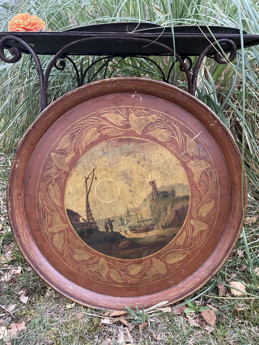 Grand plateau de service en tôle peinte d’époque Napoléon III 55 cm -photo-2