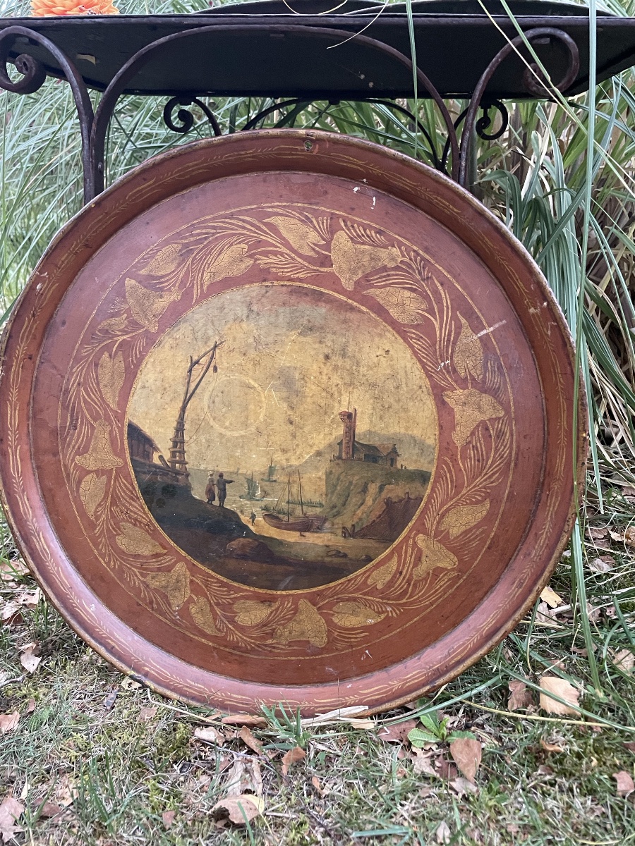 Grand plateau de service en tôle peinte d’époque Napoléon III 55 cm -photo-3