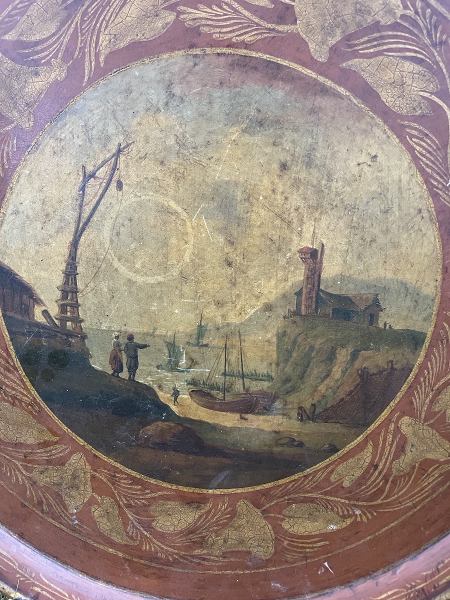 Grand plateau de service en tôle peinte d’époque Napoléon III 55 cm -photo-1