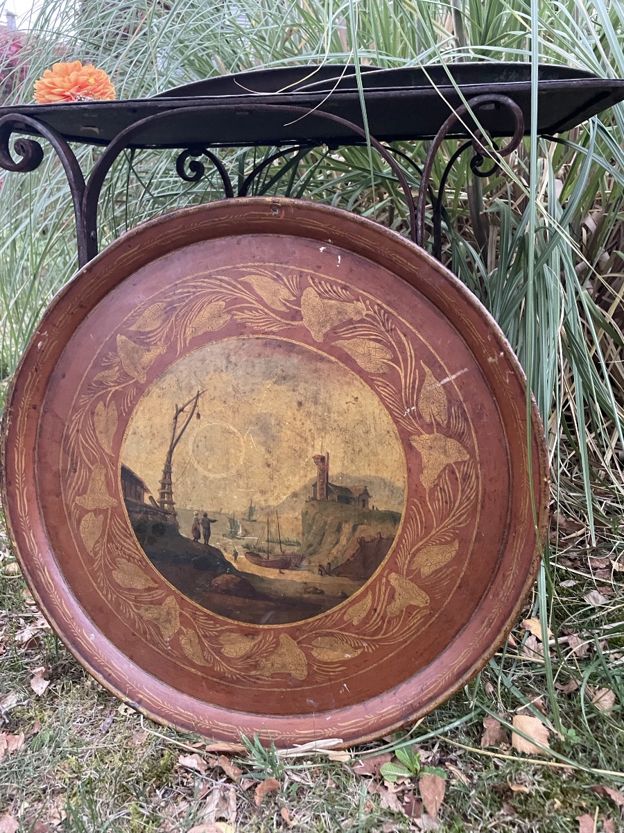 Grand plateau de service en tôle peinte d’époque Napoléon III 55 cm -photo-4
