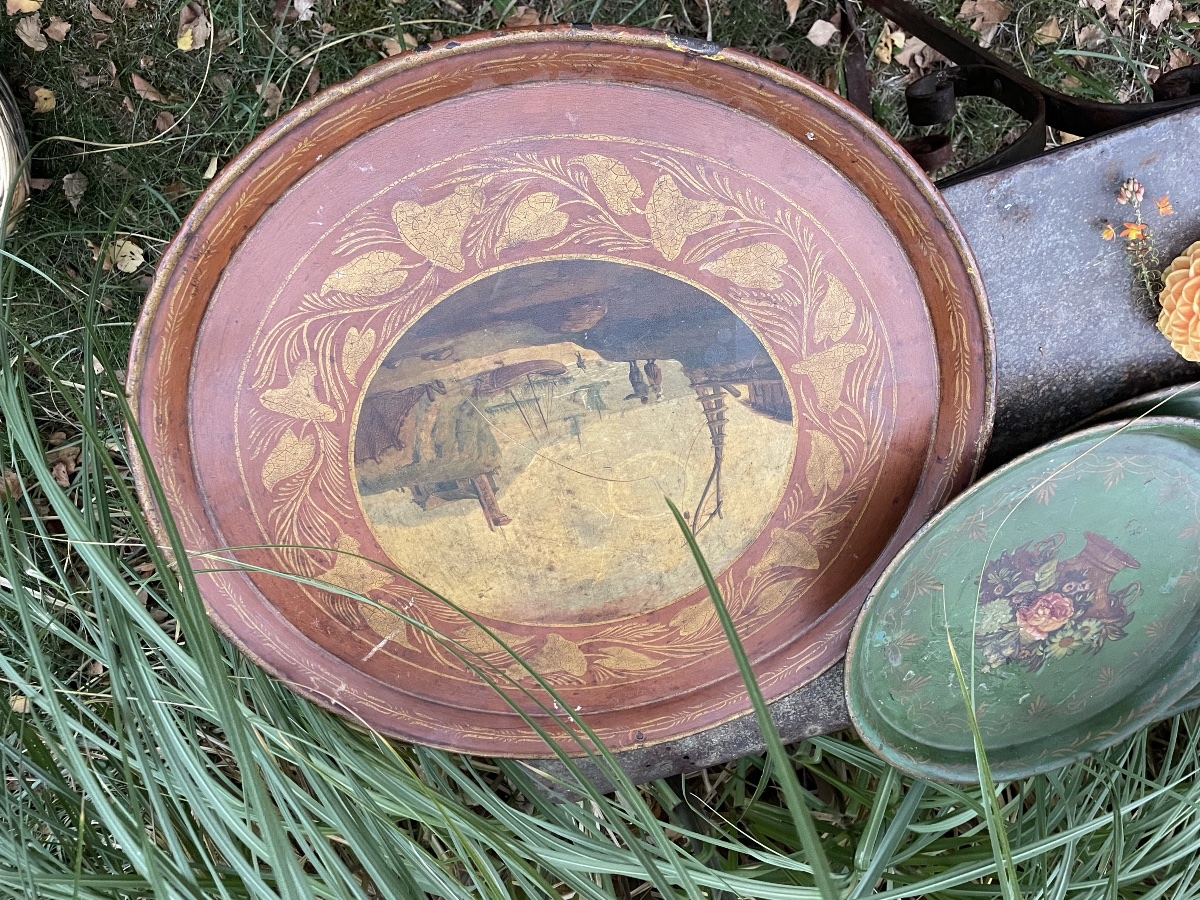 Grand plateau de service en tôle peinte d’époque Napoléon III 55 cm -photo-5
