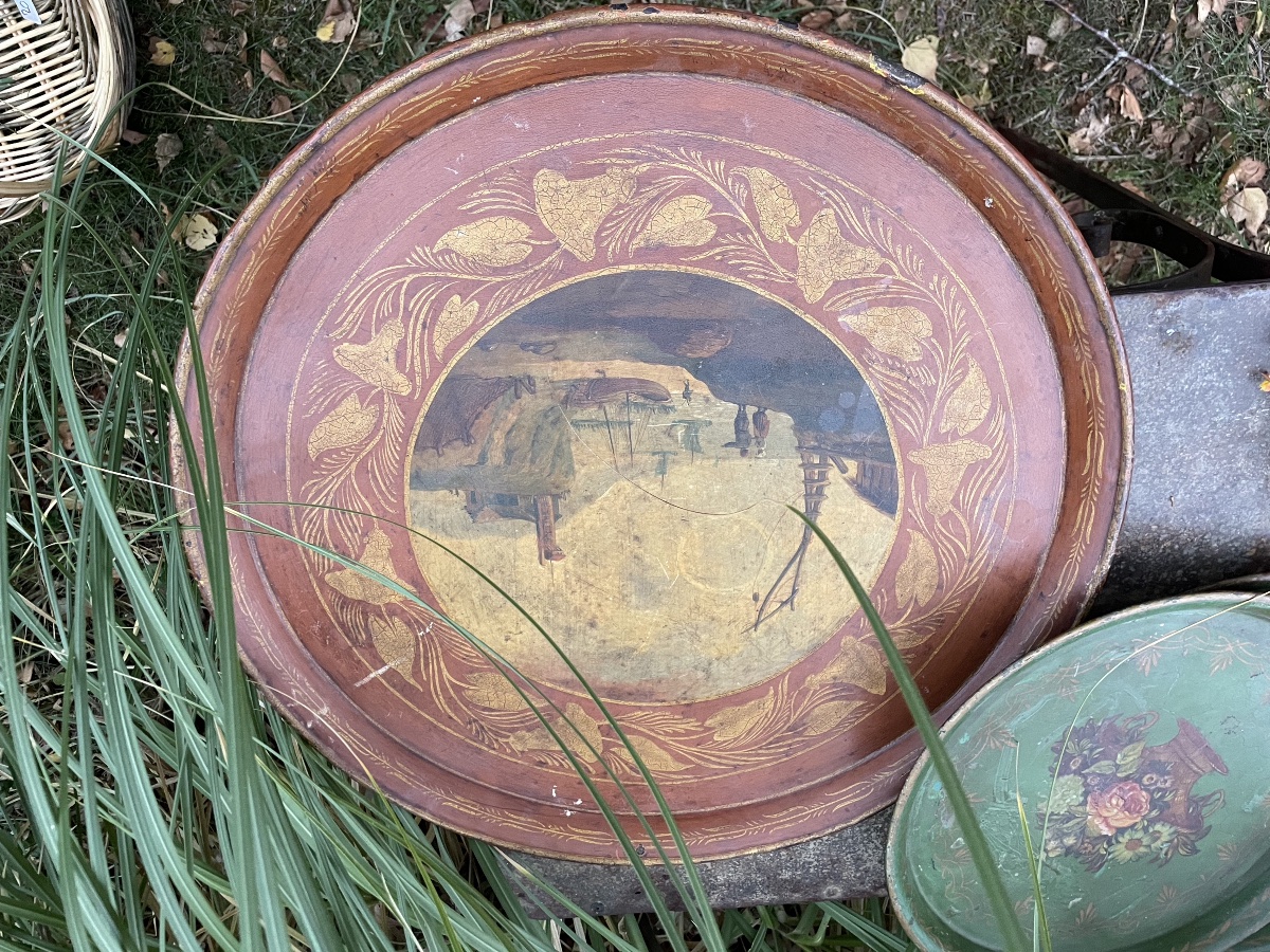 Grand plateau de service en tôle peinte d’époque Napoléon III 55 cm -photo-6