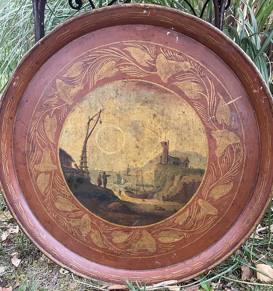 Grand plateau de service en tôle peinte d’époque Napoléon III 55 cm 