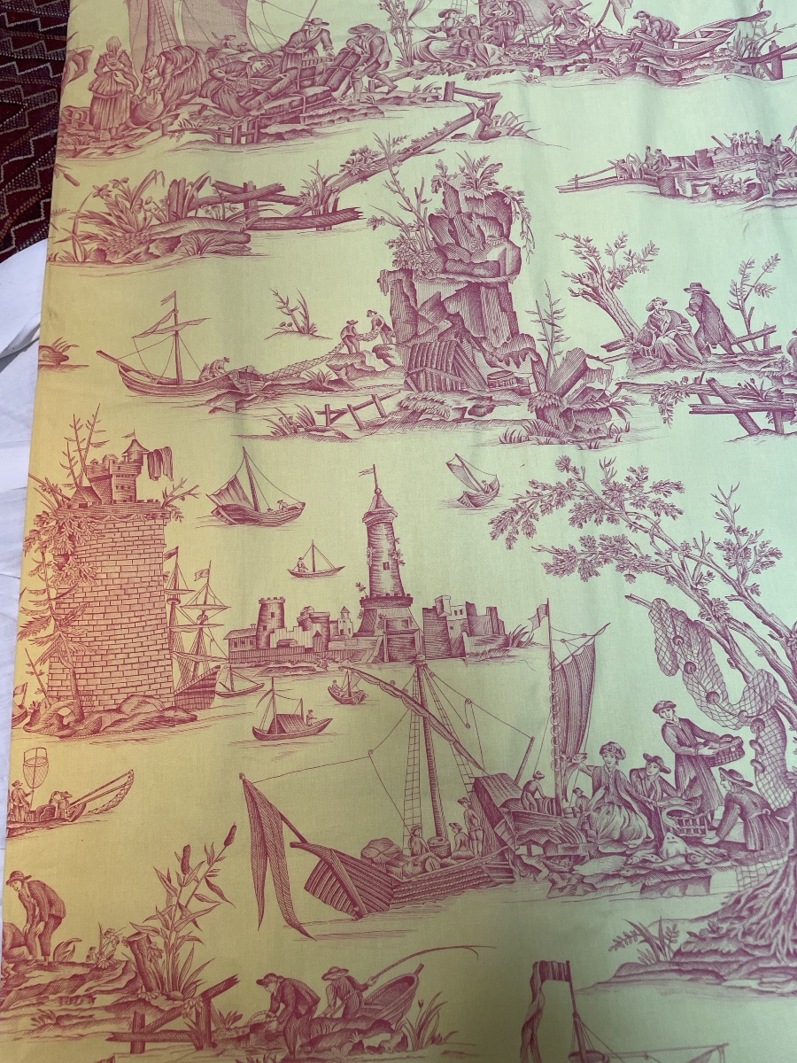 La paire de double rideaux toile de jouy au fond jaune vif-photo-3