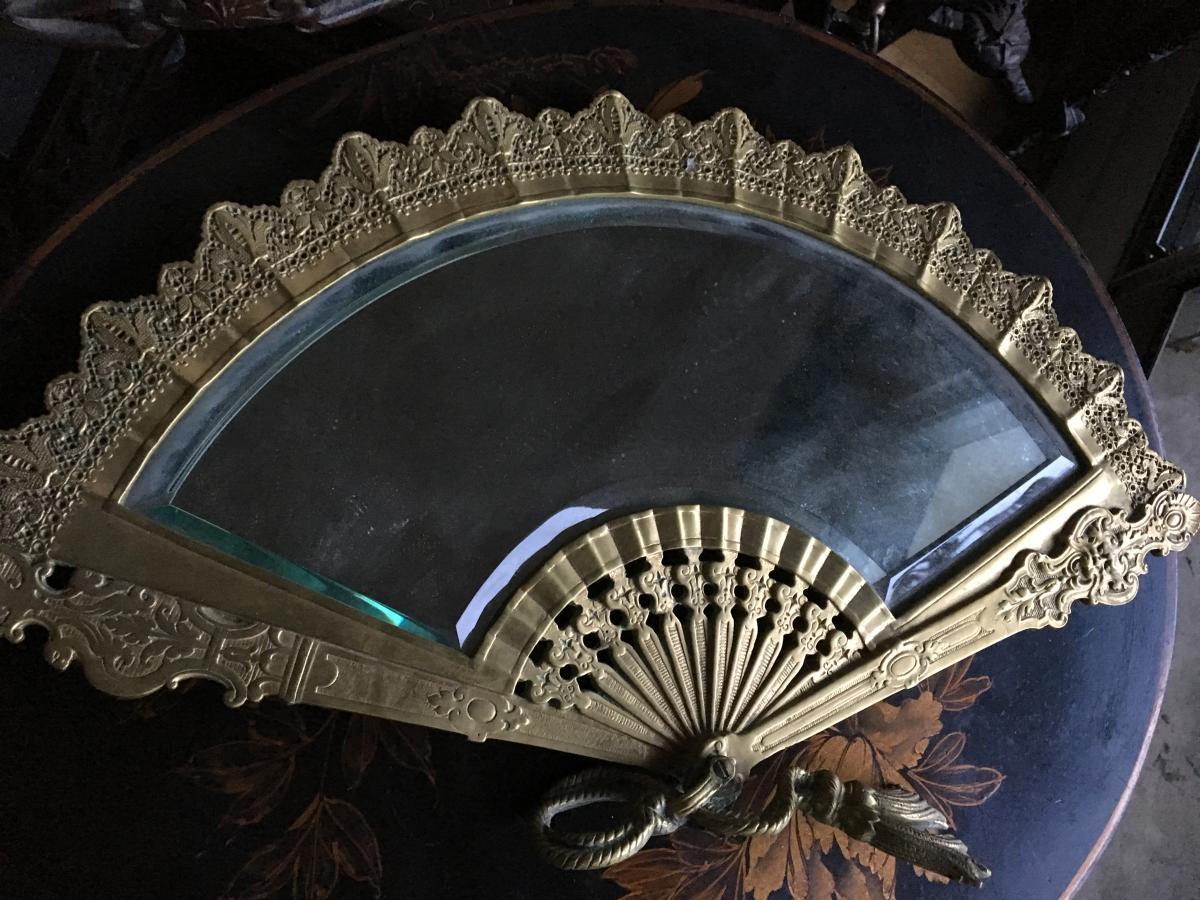 Miroir Eventail, ( 48 cm) En Bronze Doré, Napoléon III-photo-3