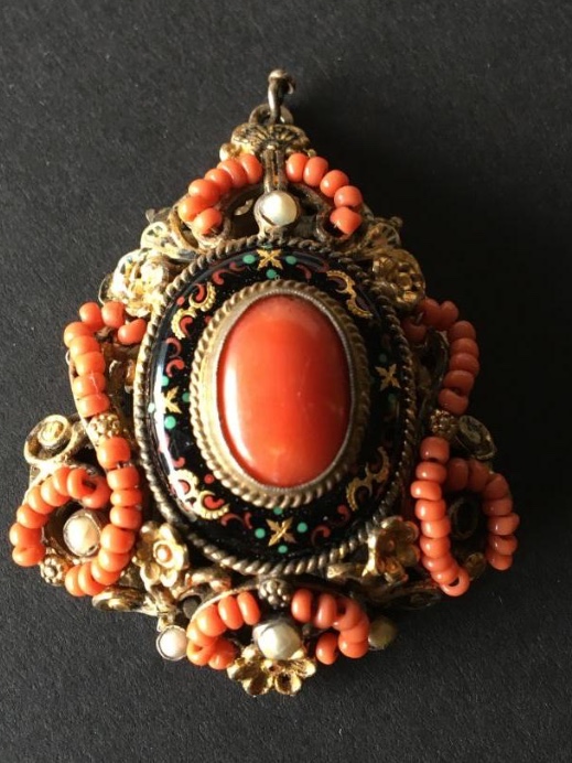 Coral Pendant, Email And Pearls, (6 Cm) Napoleon III