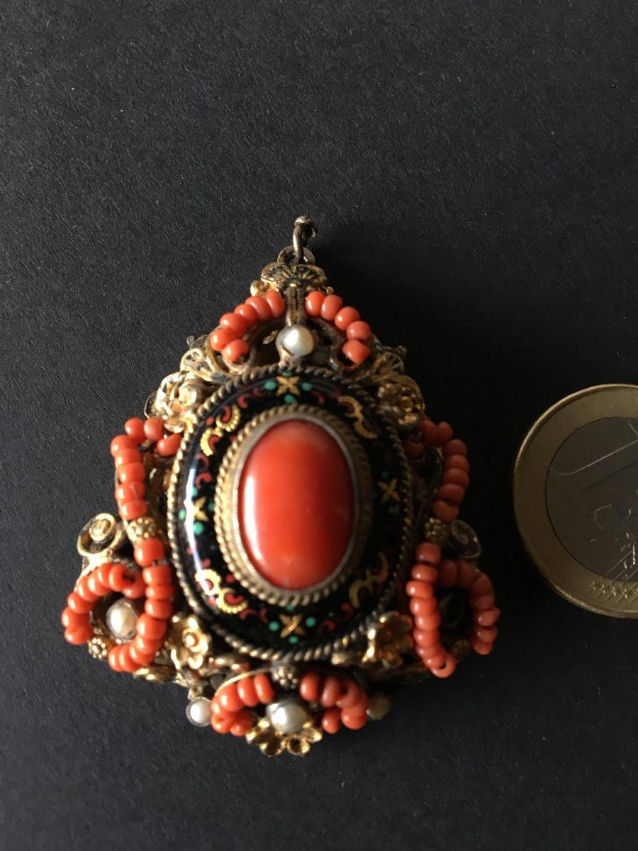 Coral Pendant, Email And Pearls, (6 Cm) Napoleon III-photo-3