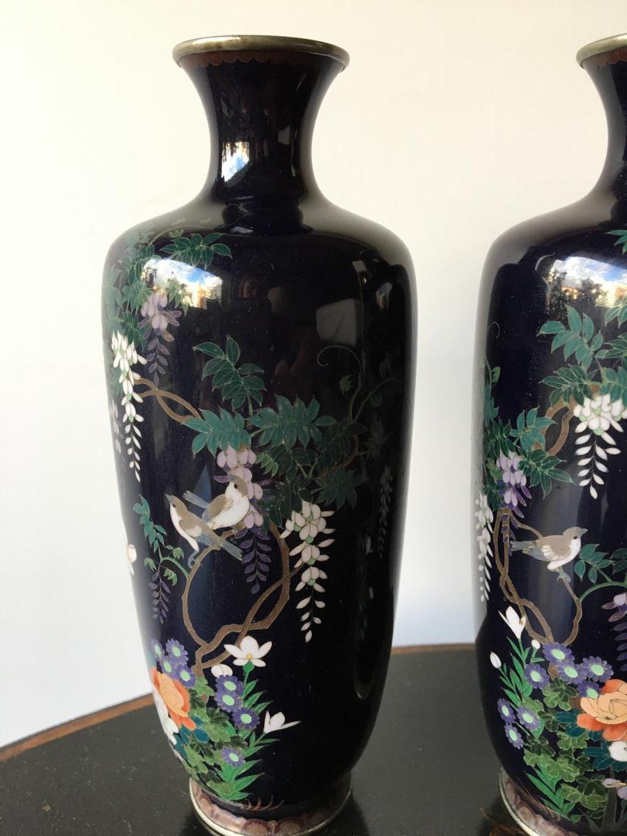 Pair Of Cloisonné Vases, Mounted Silver, Japan, 1900-photo-2