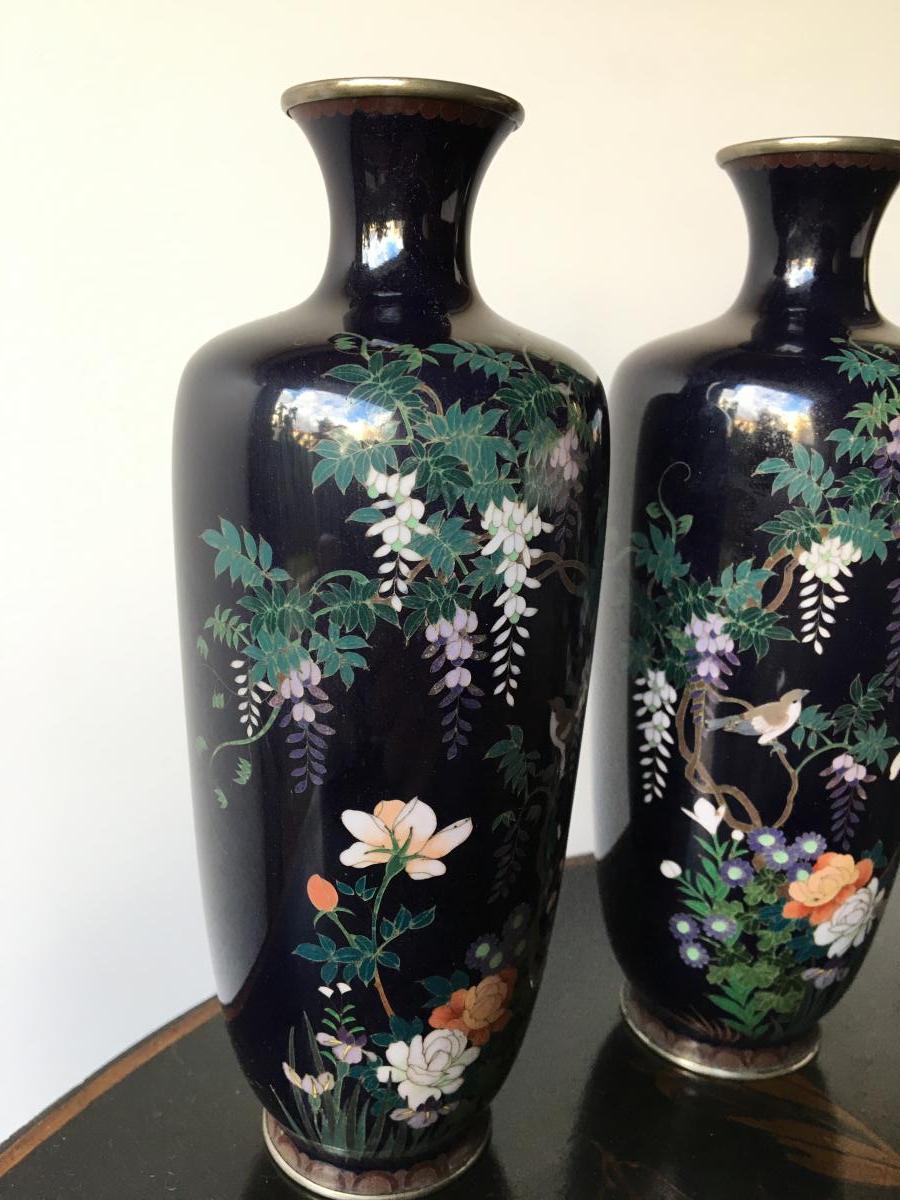 Paire de vases cloisonnés, monté Argent, JAPON, 1900-photo-1