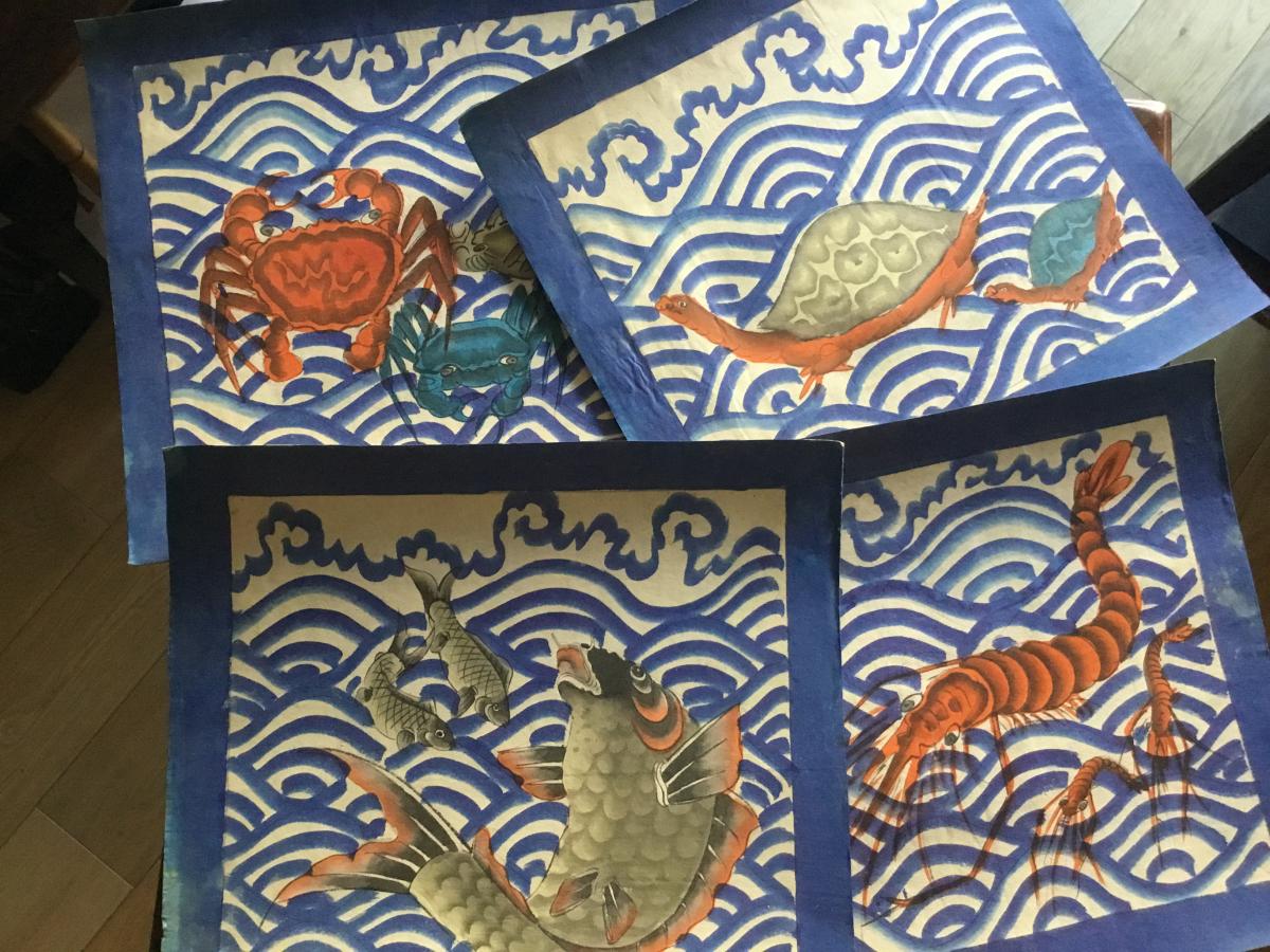 Lot De Quatre Aquarelles Japonaises , Fonds Marins-photo-2