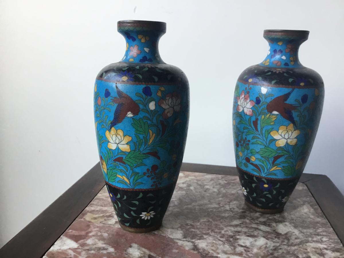 Paire De Vases En émaux Cloisonnés , Japon , époque Edo-photo-3