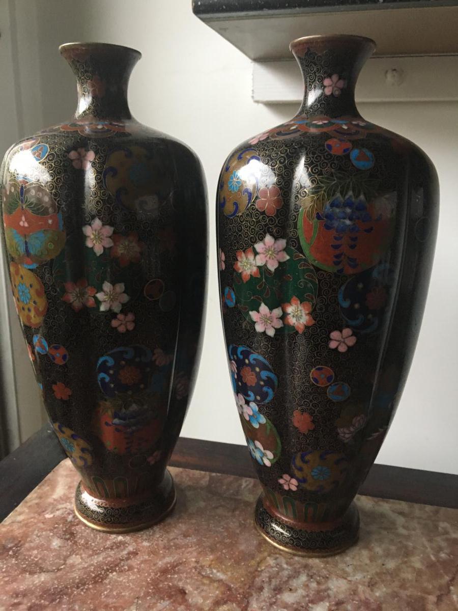 Paire De Vases Cloisonnés, Japon, Debut XXème-photo-2
