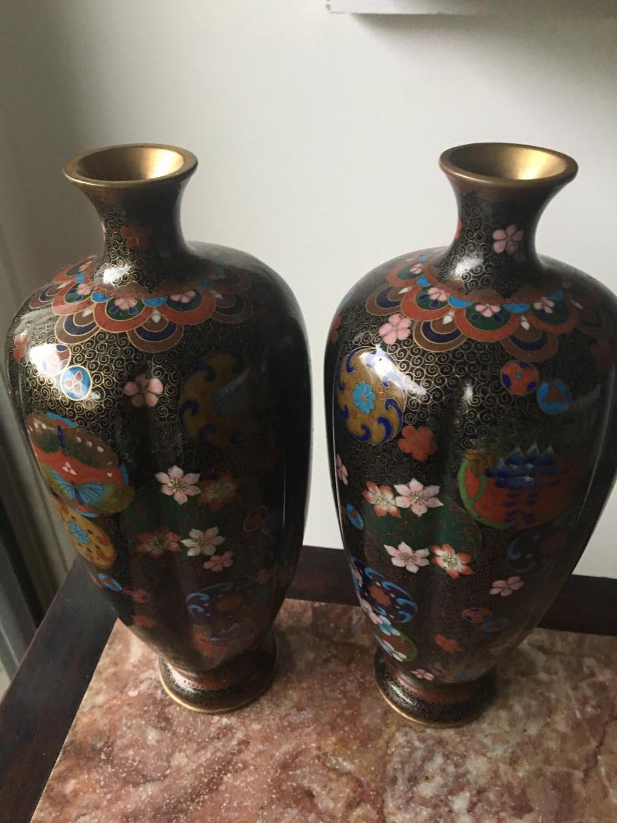 Paire De Vases Cloisonnés, Japon, Debut XXème-photo-1