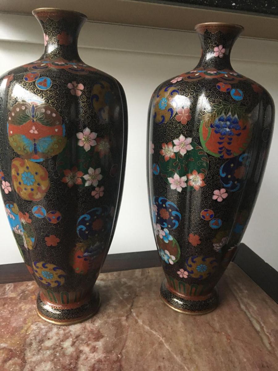 Paire De Vases Cloisonnés, Japon, Debut XXème-photo-3