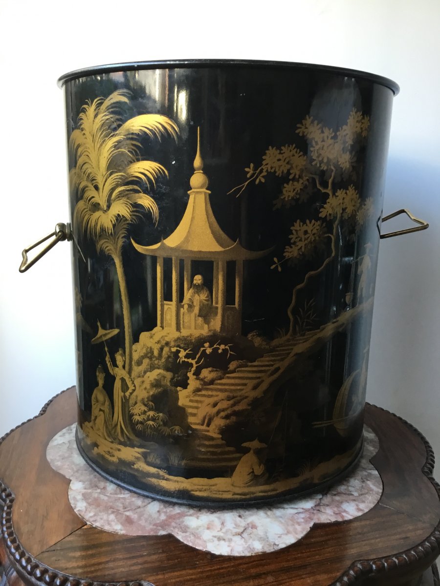 Wastepaper Basket Sheet Metal Decor Chinoiseries, 1900-photo-2