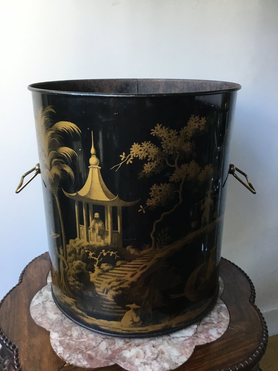 Wastepaper Basket Sheet Metal Decor Chinoiseries, 1900-photo-3