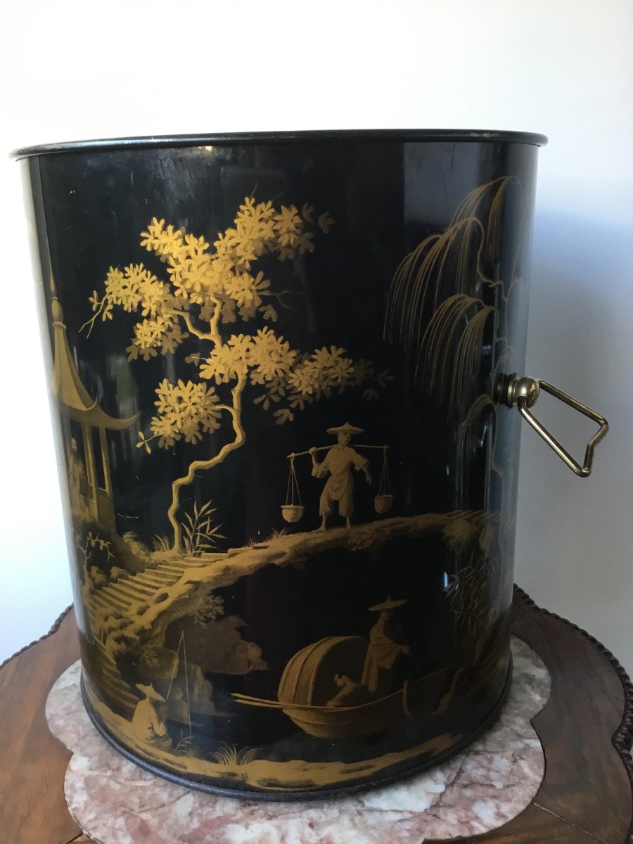 Wastepaper Basket Sheet Metal Decor Chinoiseries, 1900-photo-4