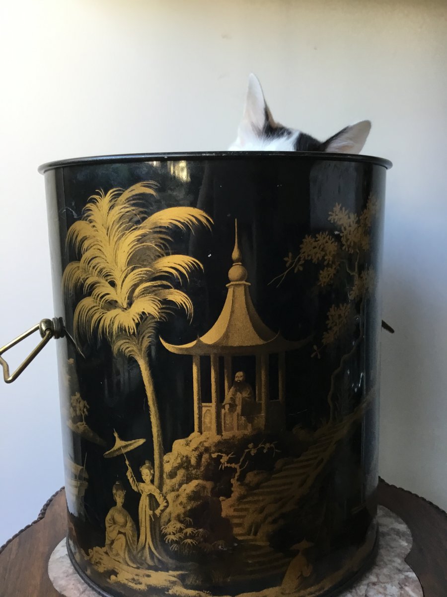 Wastepaper Basket Sheet Metal Decor Chinoiseries, 1900-photo-3