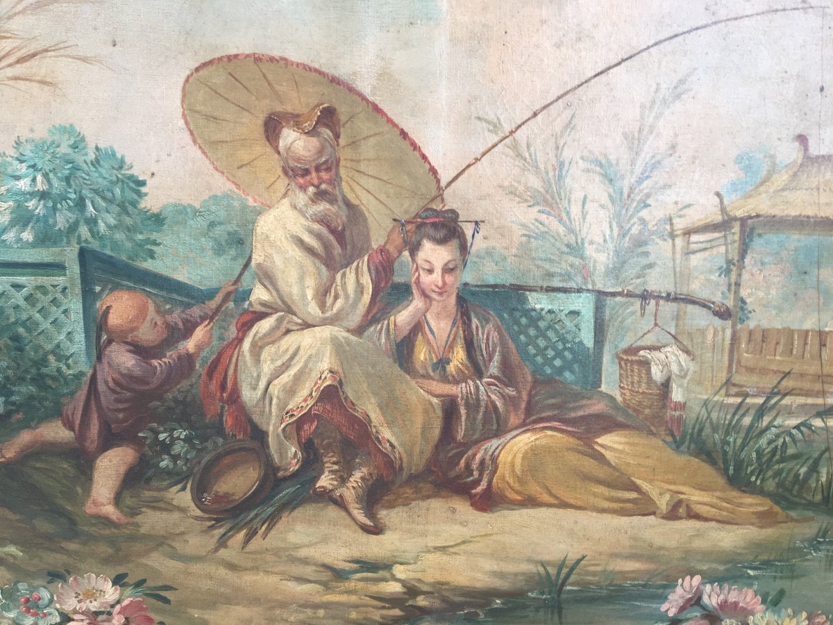 Chinoiseries, Couple Pivoting Fishing, Hst, Nineteenth-photo-3