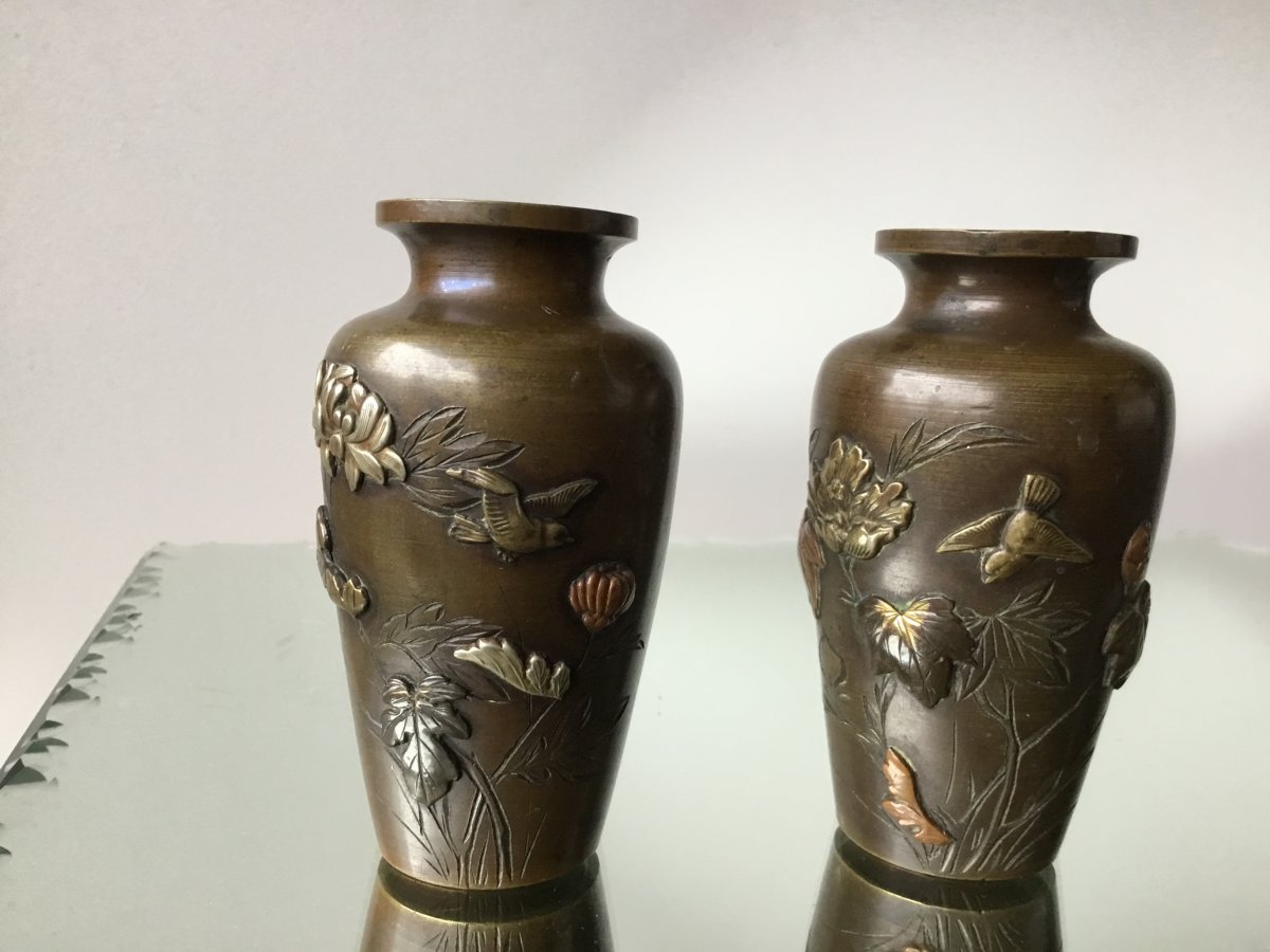 Paire De Petits Vases En Bronze Japon, époque Meiji-photo-4