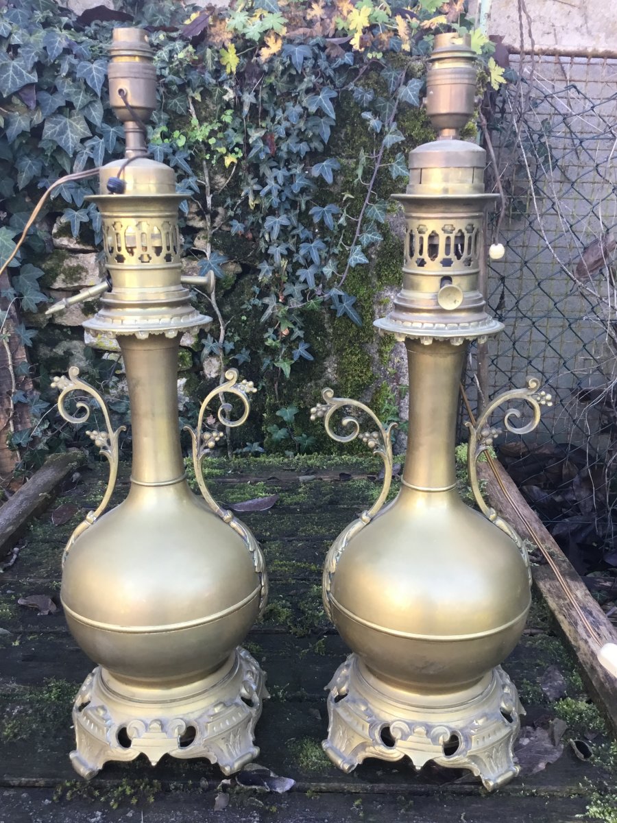 Pair Of Large Oil Lamps In Golden Brass, Napoleon III Period-photo-2