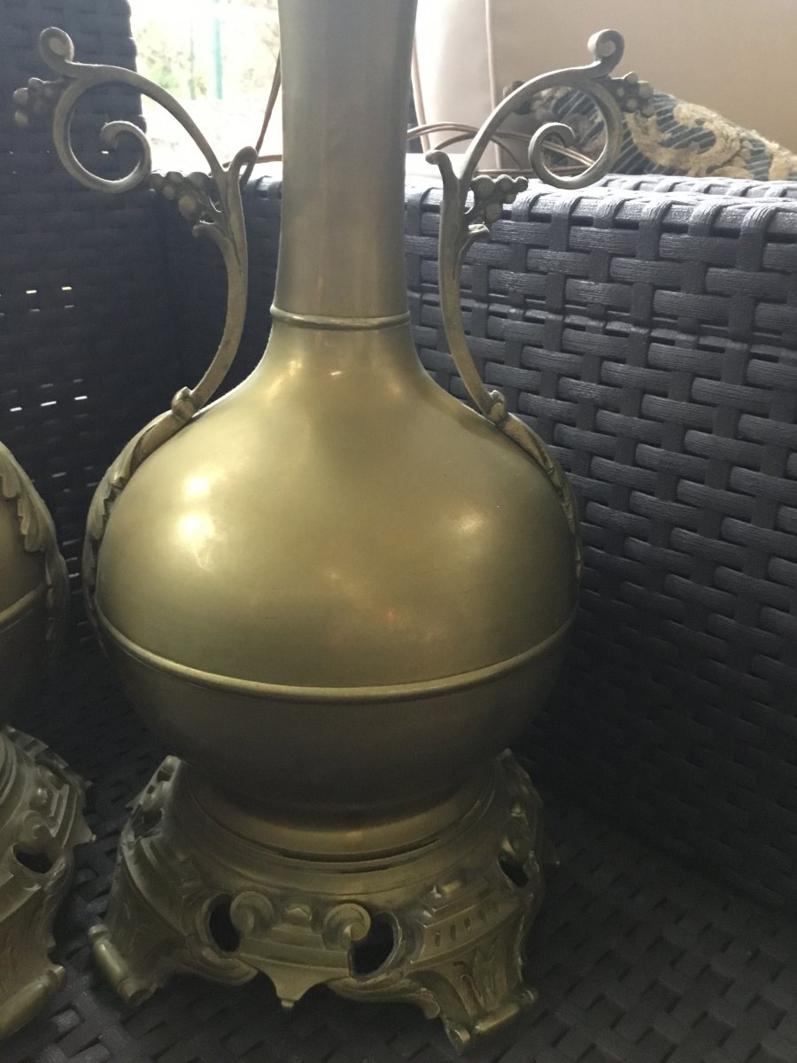 Pair Of Large Oil Lamps In Golden Brass, Napoleon III Period-photo-5