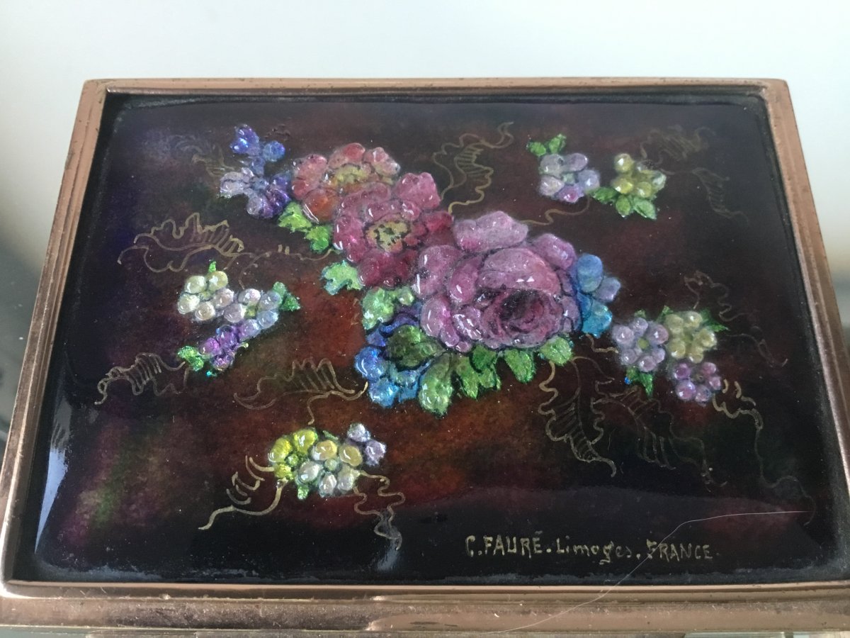 Camille Fauré, Poudrier , Décor Floral En émaux 