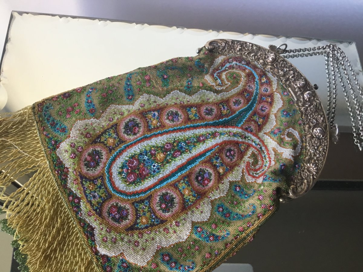 Beaded Evening Bag Decorated With Polychrome Bothés, XIXth-photo-2