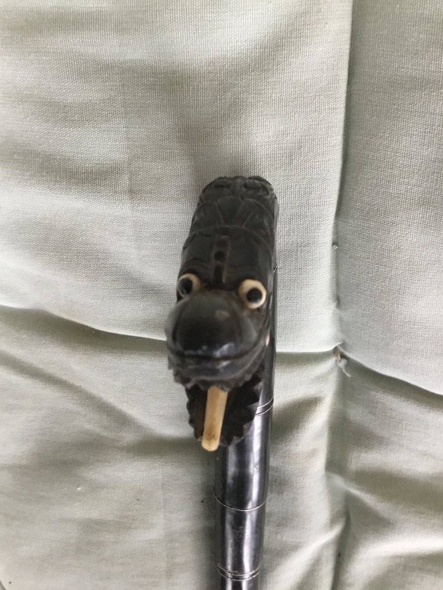 Ancient Cane In Macassar Wood And Ivory With Dragon Head-photo-4