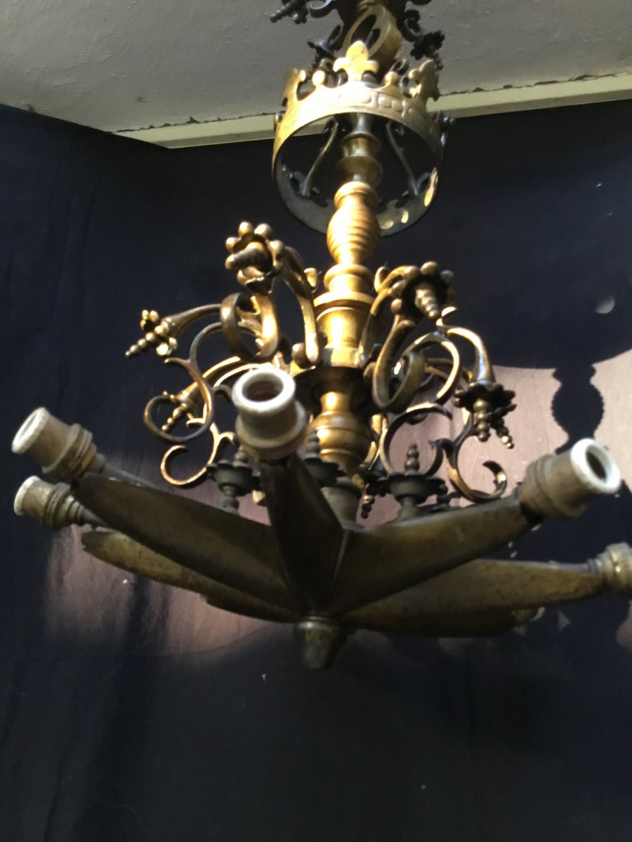 Jewish Shabbat Lamp, Judenstern Chandelier In Bronze-photo-4