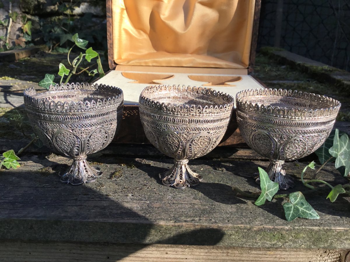 Three Zarf Ottomans Filigree Silver In Their Box, XIX-photo-4