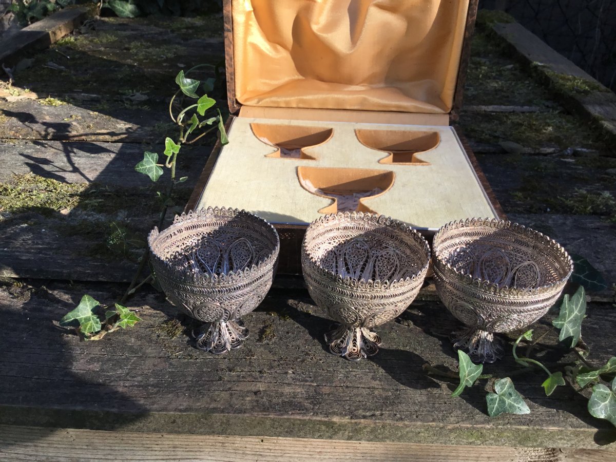 Three Zarf Ottomans Filigree Silver In Their Box, XIX-photo-2