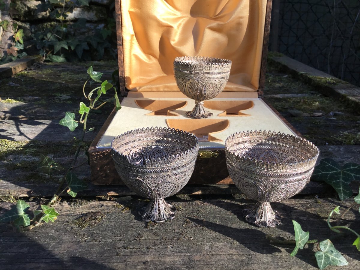 Three Zarf Ottomans Filigree Silver In Their Box, XIX-photo-3