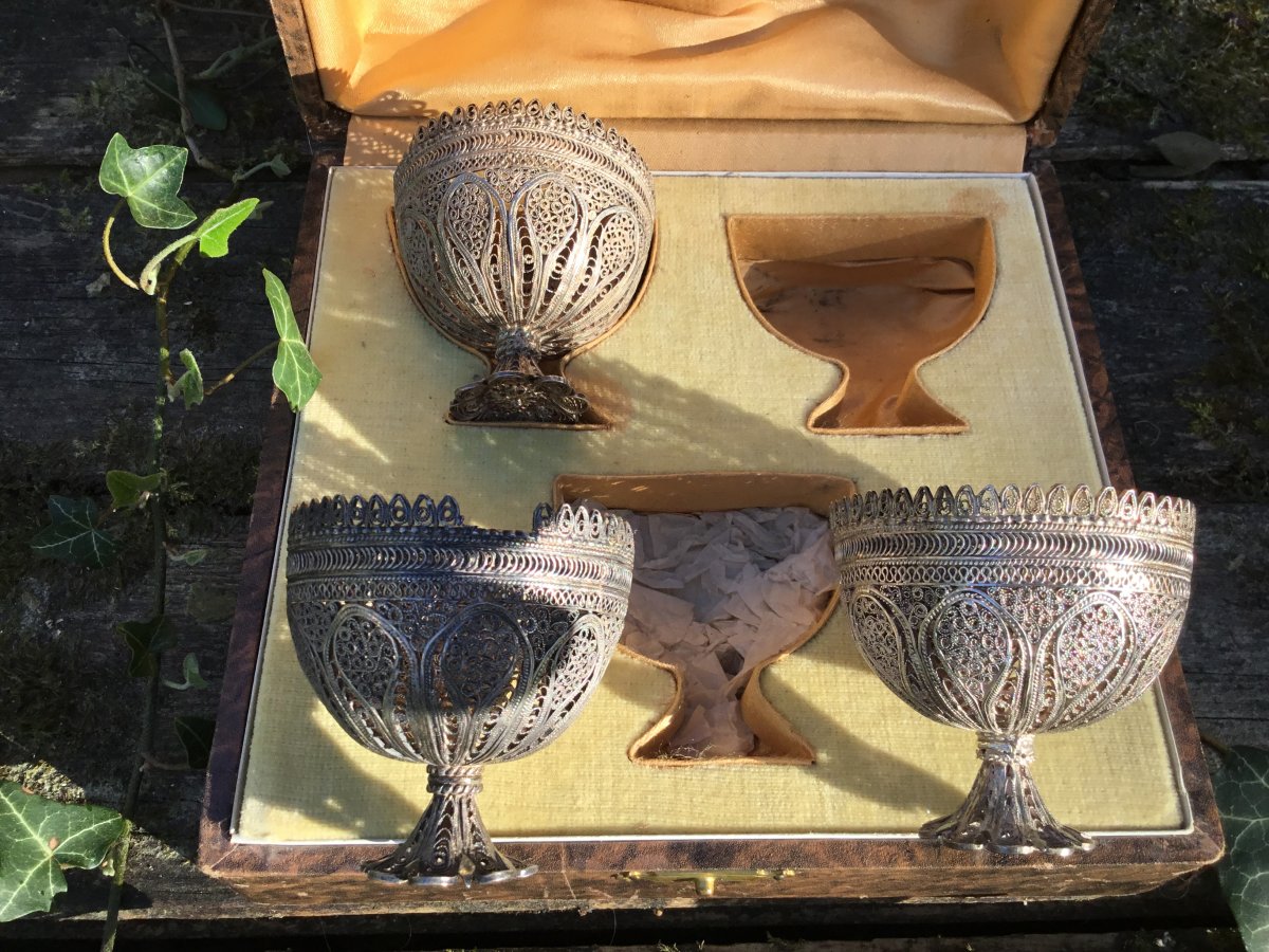 Three Zarf Ottomans Filigree Silver In Their Box, XIX-photo-5