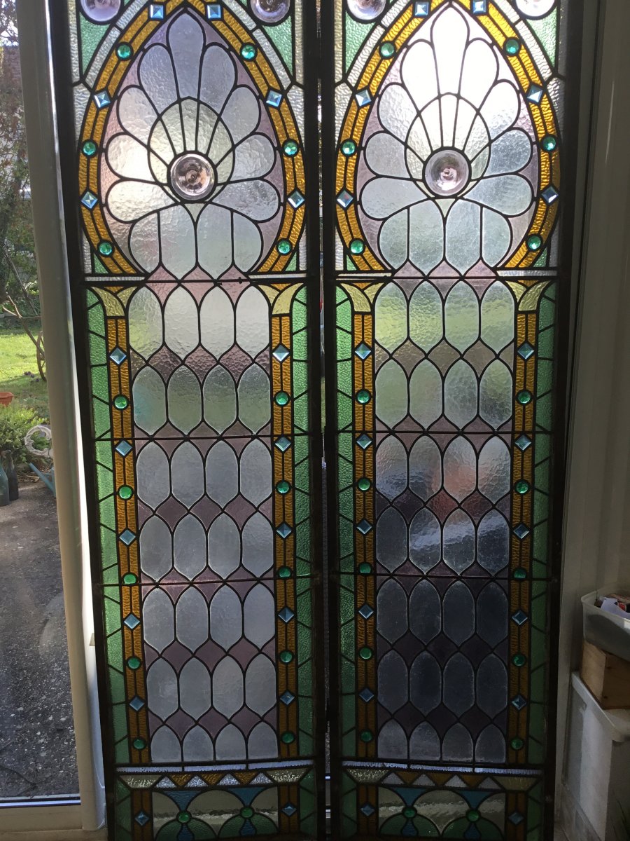 Stained Glass, Pair Of Art Deco Stained Glass, American Glass Dlg From Tiffany-photo-2