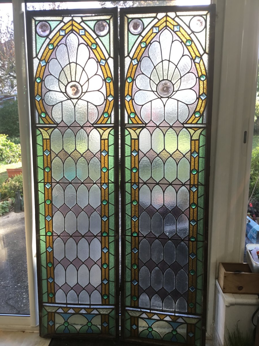 Stained Glass, Pair Of Art Deco Stained Glass, American Glass Dlg From Tiffany-photo-3