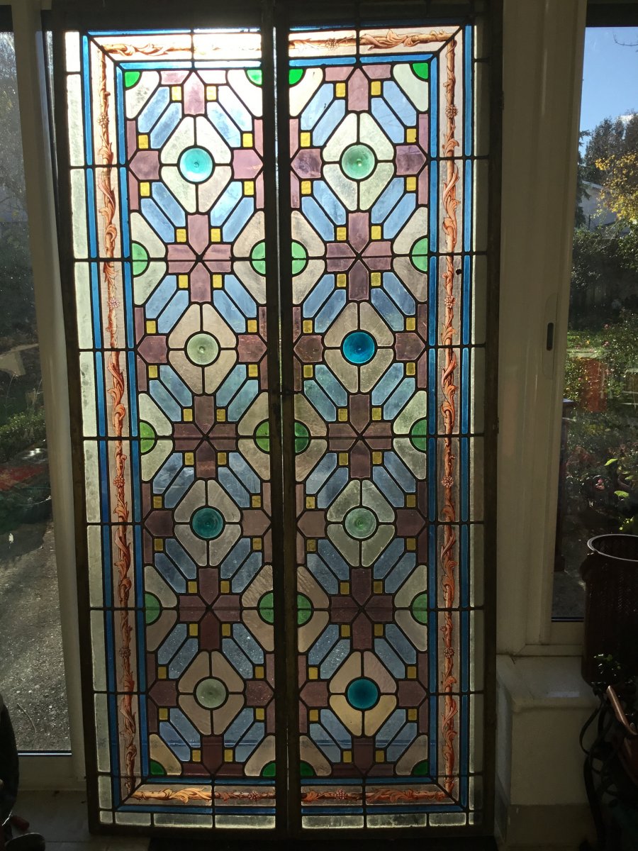 Pair Of Large Stained Glass Windows, Painted Decor And Cabochons, Around 1900-photo-4