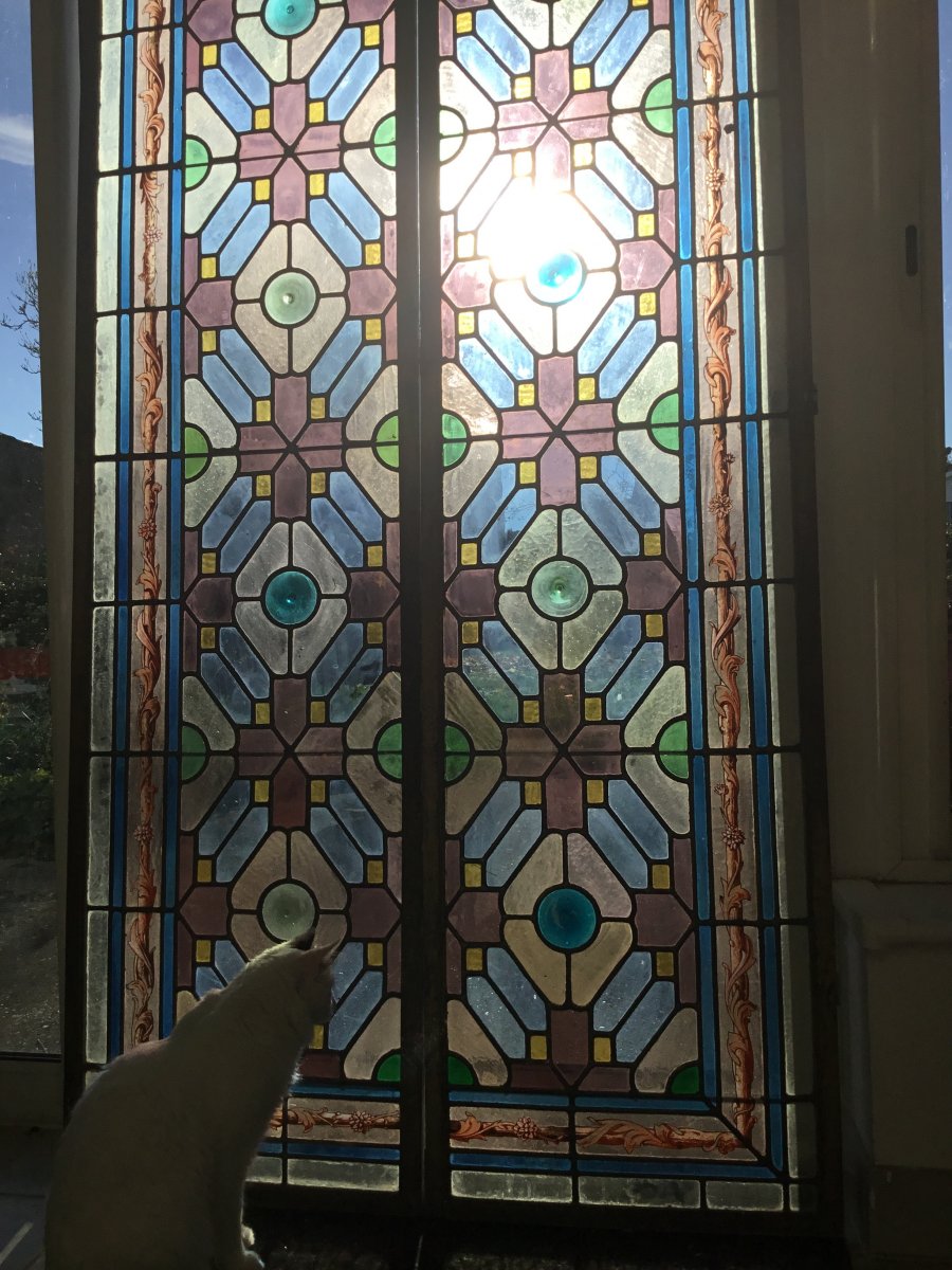 Pair Of Large Stained Glass Windows, Painted Decor And Cabochons, Around 1900