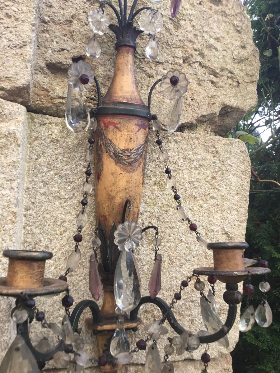 Pair Of Wall Lights In Lacquered Sheet With Two Branches, Restoration Period-photo-1