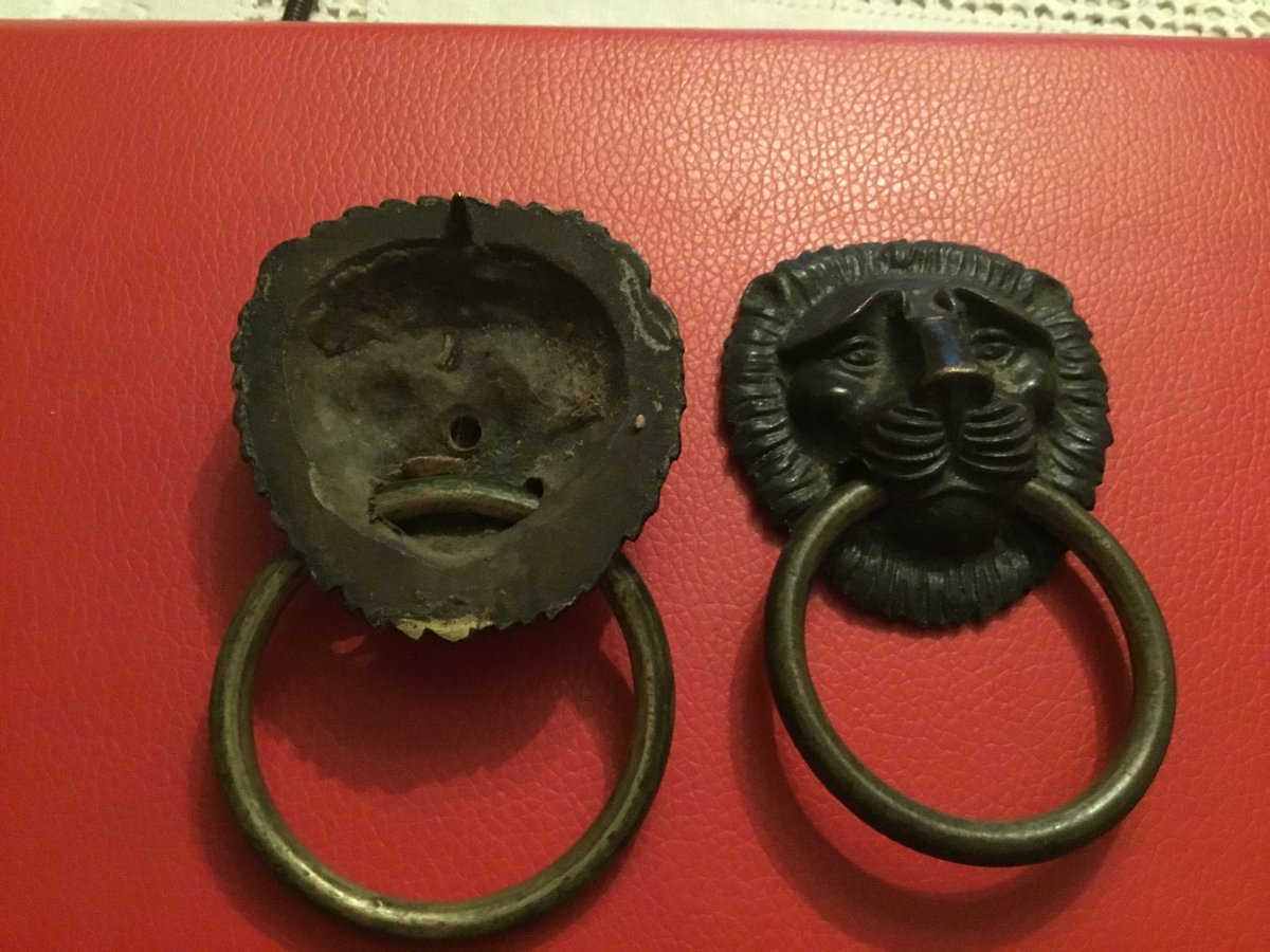 Lions Pull Handles In Bronze Two Patinas, Restoration-photo-3