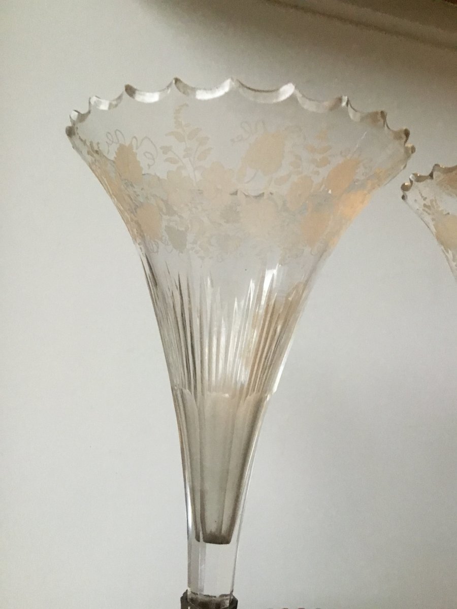 Pair Of Cristal Cornet Vases On Bronze Piédestal -photo-2