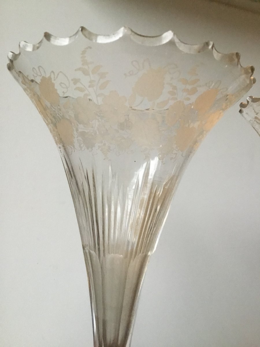 Pair Of Cristal Cornet Vases On Bronze Piédestal -photo-3