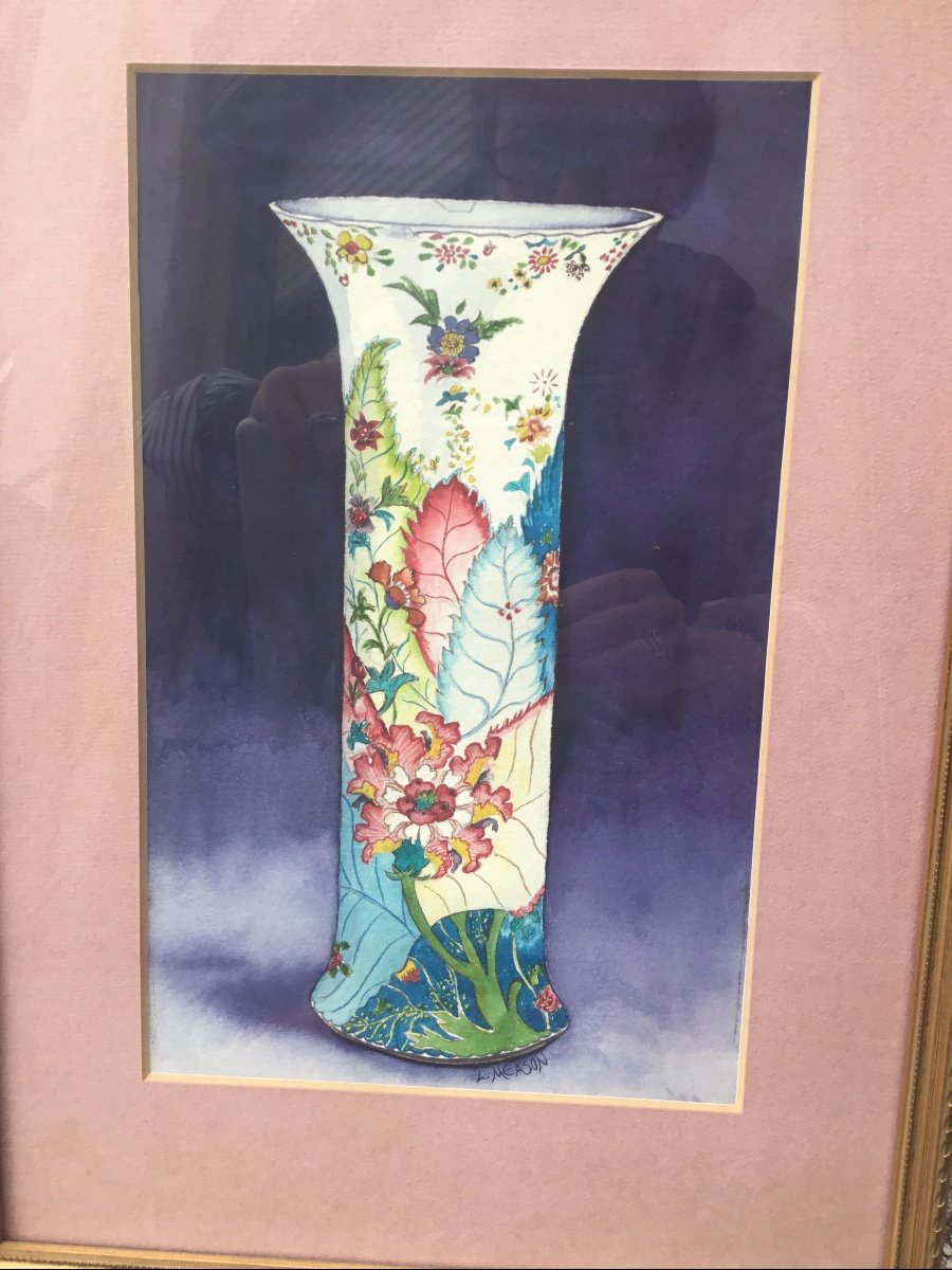 Aquarelle Art Nouveau , Vase Aux Feuillages, Signé-photo-3